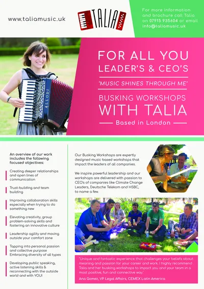 Talia’s Busking Workshops flyer (opens full size)